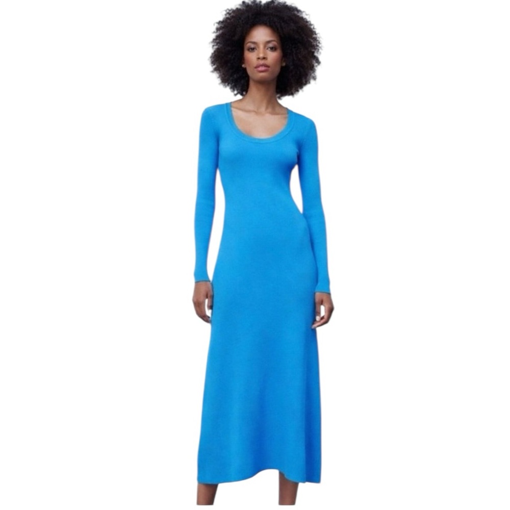 ZARA Ribbed Knit Maxi Dress Blue Long Sleeve Size Large Minimalist